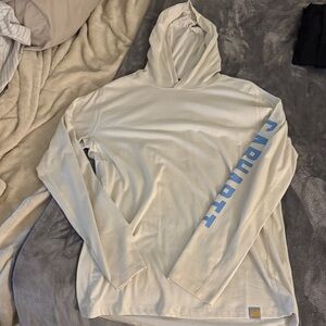 Carhartt Men's Off-White Hoodie with Light Blue Sleeve Logo
